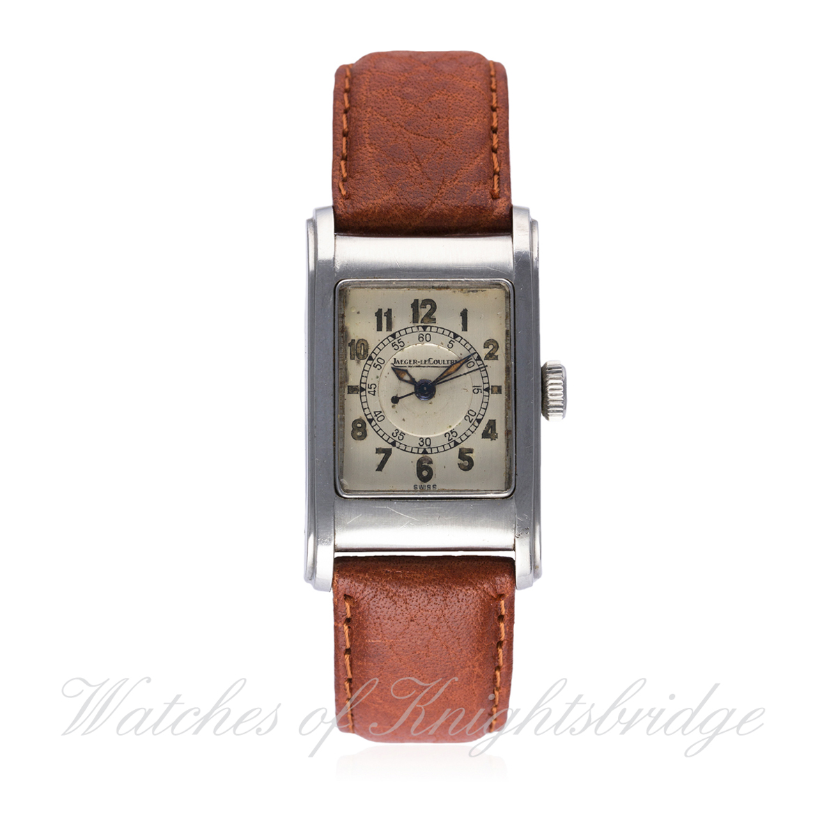 A RARE GENTLEMAN'S STAINLESS STEEL JAEGER LECOULTRE WATERPROOF WRIST WATCH CIRCA 1940
D: Silver dial