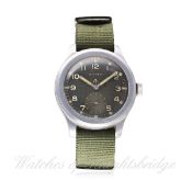 A GENTLEMAN'S STAINLESS STEEL BRITISH MILITARY W.W.W. CYMA WRIST WATCH CIRCA 1940s D: Black 