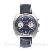 A GENTLEMAN’S STAINLESS STEEL MONCEAU CHRONOGRAPH WRIST WATCH
CIRCA 1970s
D: Blue dial with