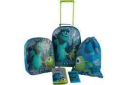 2 x Monsters University 5 Piece luggage sets. Each set includes: pull along case, gym bag, back