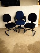 3 Fabric office chairs 2 black and 1 in blue
