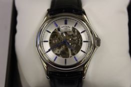 Gents Skeleton Dial Black Leather Strap Rotary Watch.