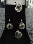 Matching set - earrings, pendant & ring. Genuine green emerald topaz gemstone set in 925 silver.