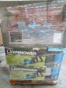 1 x Large pallet aprox 4 foot high (4) to contain 1400w Lawnmowers, flymo, Keter rattan style garden