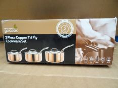 1 x Go Cook Professional 3 Piece Copper Tri Ply Cookware Set. Set of 3 16, 18, and 20cm Saucepans.