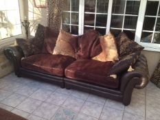 4 seater settee with scatter cushions and leather studded arms, in good condition. NO VAT