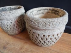 PAIR RECONSTITUTED STONE PLANTERS. Condition: approx 50 yrs old, weathered.