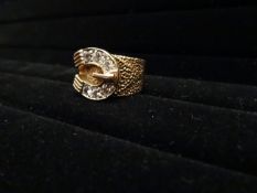 9 Carat Yellow Gold Mens Horse Shoe Belt Buckle Ring, with 9 see through stones. Very rare piece!