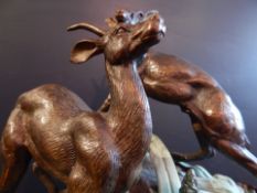 BRONZE SCULPTURE. WOODLAND SCENE OF REINDEER. JULES MOIGNIEZ