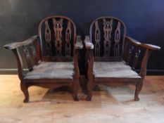 PAIR ARTS & CRAFTS GOTHIC WINDSOR RECLINING STEAMER ARMCHAIRS. Condition: Need a Wax and upholstery.