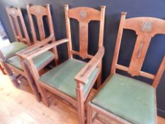 TWO PAIRS ARTS AND CRAFTS PEWTER AND COPPER INLAID CHAIRS FOR RESTORATION. In need of moderate