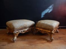 PAIR GILTWOOD TABOURETS / STOOLS. Condition: 19th Century – Requiring Restoration. 23″ by 18 1/2″ by