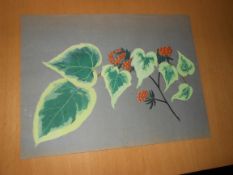 Water painting of flowers and berries on grey paper signed R Kray prisoner number 327416