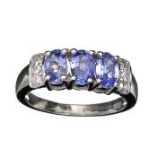 3x Tanzanite Gemstones (1.11ct) & 4x Colourless Quartz (0.60ct) Platinum Over Silver Ring.