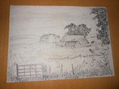 Pencil drawing of a farm signed on the front right bottom corner R Kray