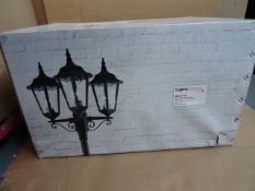 1 x Waterville Black Three Head Six Sided Clear Glass 2.27m Post Lantern. Mains powered. 23w