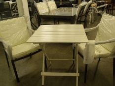 3 Piece Patio Set: 1x white wooden fold up table / 2 x stacking chairs with ivory cushions