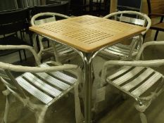 5 Piece Aluminium Patio Set: 4x stacking armed chairs / 1x 700mm x 700m table with slatted oak top