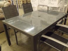5 Piece Patio Set: 4x silvery grey stacking chairs / glass table marble effect size 1500mm x 960mm