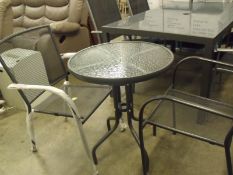 3 piece patio set: 2x stacking chairs / 1 x round pedestal table 600mm round with tempered glass top
