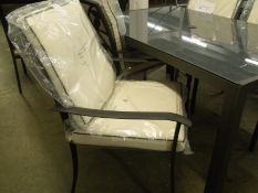 5 Piece Patio Set: 4x leaf back chairs / 1x table with marble effect glass top size 1500mm x 960mm