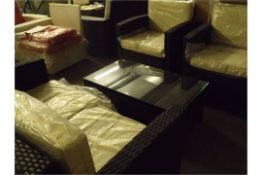 Brand New and fully assembled 4 piece sofa set Black rattan with cream cushions etc,
