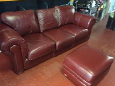 Dark Red Large Leather 3 Seat Sofa with Matching Footstool - Used but in Great Condition