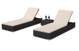 Brown Rattan Double Recliners with Cream Cushion and Matching Side Table Garden 
Brand New and