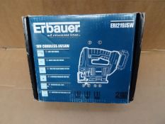 1 x Erbauer 18V Cordless Lithium Ion Cordless Jigsaw Model number: ERI219JSW. Soft grip handle,
