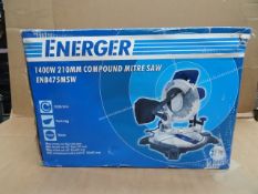 1 x Energer 1400W 210MM Compound Mitre Saw. Hardwearing wood saw with an aluminium and plastic base.