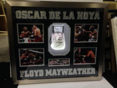 OSCAR De La HOYA and MAYWEATHER white glove in box frame with ilumination (white lights) Black.