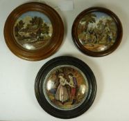 Trio of Prattware Pot Lids - Residence of Anne
Hathaway; Village Wedding; Motto;  10cms x 11 cms