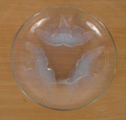 R Lalique opalescent glass bowl moulded with birds
a/f