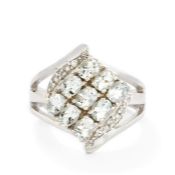 9x Espirito Santo Aquamarine Gems 1.41ct & 6x White Topaz Gems 0.06ct, Silver ring. Size N-O.