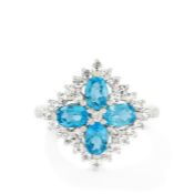 4x Swiss Blue Topaz Gemstones 2.10ct & 29x White Brazilian Topaz 1.14ct Silver Ring. Size P-Q.