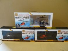 3 x Global Gizmos 2 Channel Remote Control Helicopters. Flashing LED Light, outdoor use. Ages 8+.
