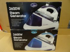 2 x Quest 2600W Steam Generator Irons. High quality, aluminium covered stainless steel soleplate.