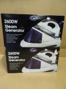 2 x Quest 2600W Steam Generator Irons. High quality, aluminium covered stainless steel soleplate.