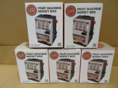 5 x Global Gizmos Fruit Machine Money Box. Realistic game play, no batteries required, working