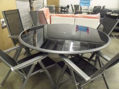 6 piece patio set, 1 x 1500mm round table with black glass tempered top, 5 x reclining arm chairs