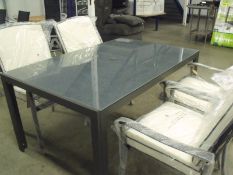 5 piece patio set, 4x stacking chairs, 1x aluminium patio table with marble glass top design