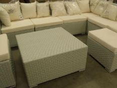 Large Corner Pu rattan sofa set. Light grey with contrasting ivory and cream seat pads & cushions