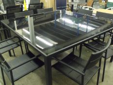 9 Piece Patio Set: 8x black stacking chairs fully welded / 1x 1500mm square table with black glass