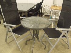 new 3 piece trio set, 2 x high back reclining arm chairs with pedestal table with mottled glass top