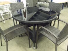 5 piece PU rattan patio set 4 x stacking armchairs, 1 x rattan table with black tempered glass top