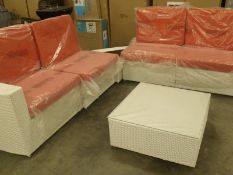 Brand New 7 piece White all weather corner sofa set with corner side table
rectangular coffee