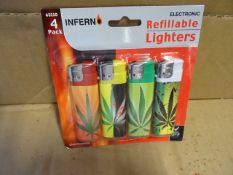 36 x Packs of 4 Inferno Electronic Refilable lighters. Child Resistant. RRP £2.99 Per pack. Total