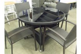5 piece PU rattan patio set 4 x stacking armchairs. 1 x rattan table size 1000mm diameter with black