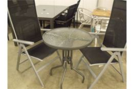 new 3 piece trio set, 2 x high back reclining arm chairs with pedestal table with mottled glass top