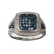 A stunning  Round Cut White & Blue Diamonds = 1.00 carat & Rhodium Over Silver Ring.